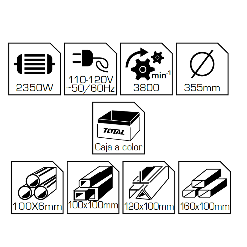 Tronzadora 14" 110-120V~60Hz. Potencia 2350W. Velocidad Max. 3800 Rpm. 355 X 25.4 X 3 Mm.